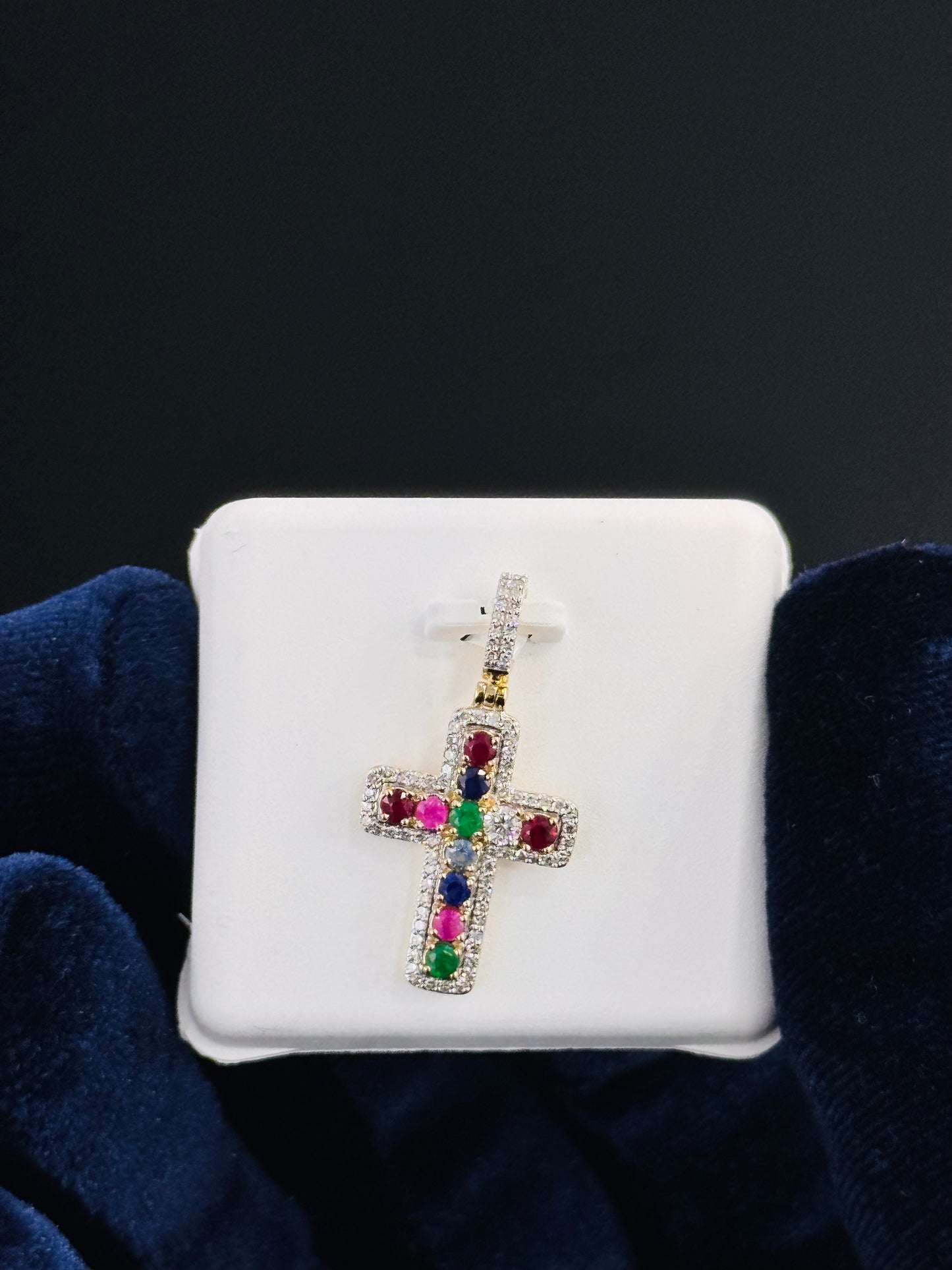 10kt Gold & Diamond Natural Gem Stone Cross Pendant