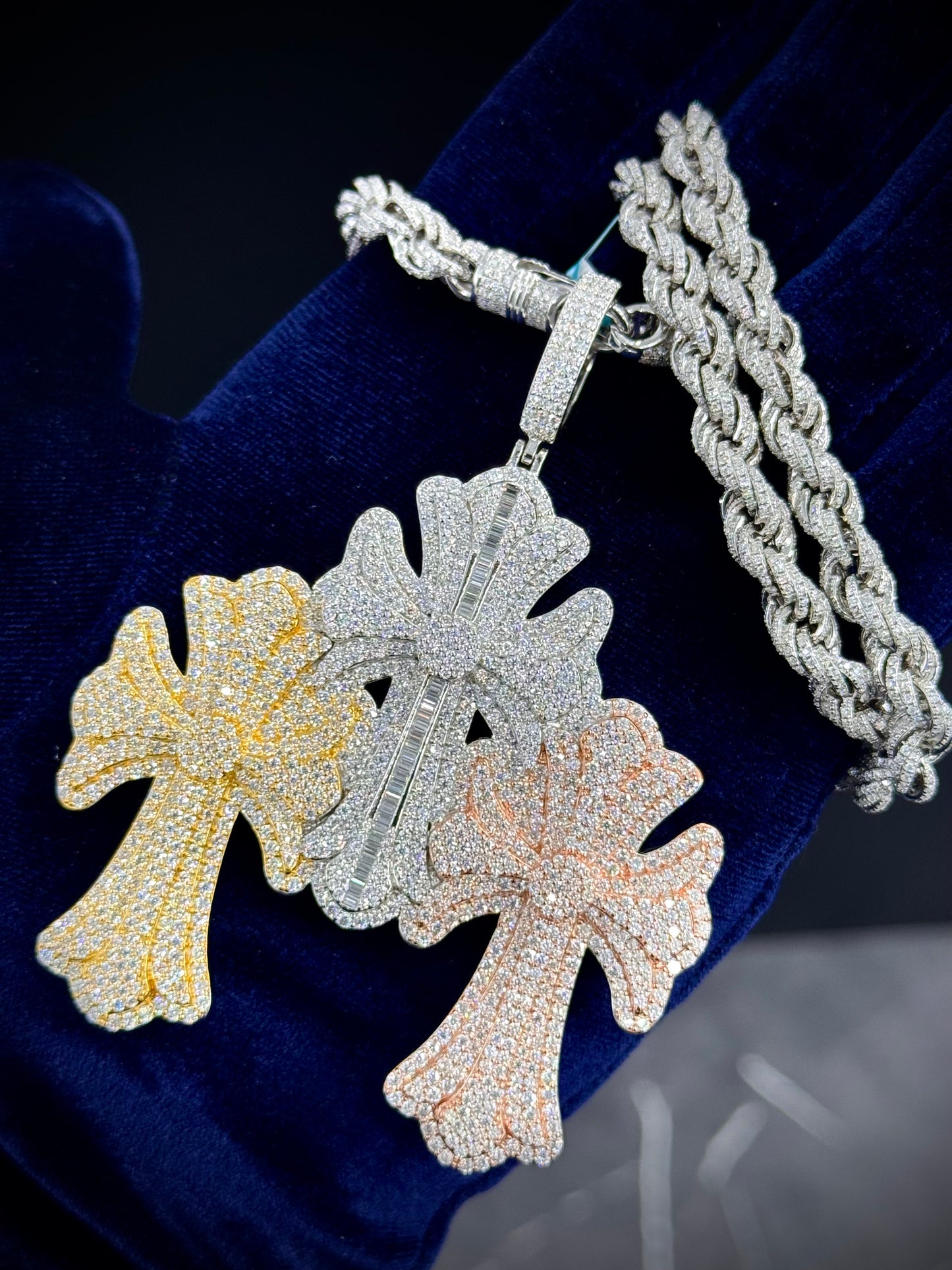 925 Moissanite Triple Cross Tri Color Pendant