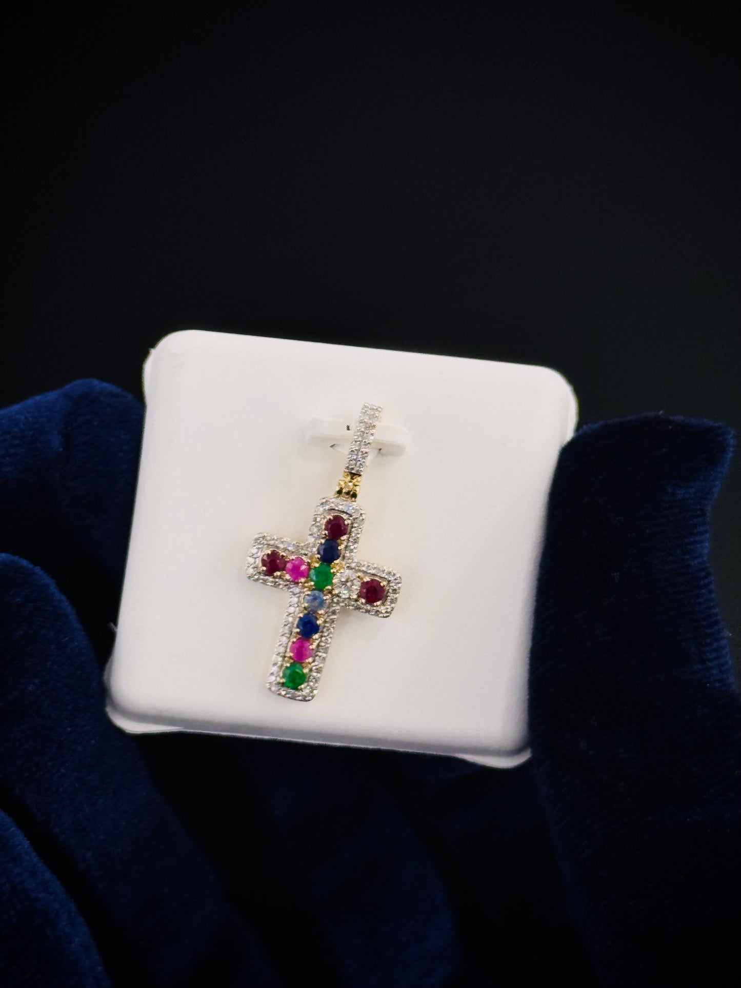 10kt Gold & Diamond Natural Gem Stone Cross Pendant