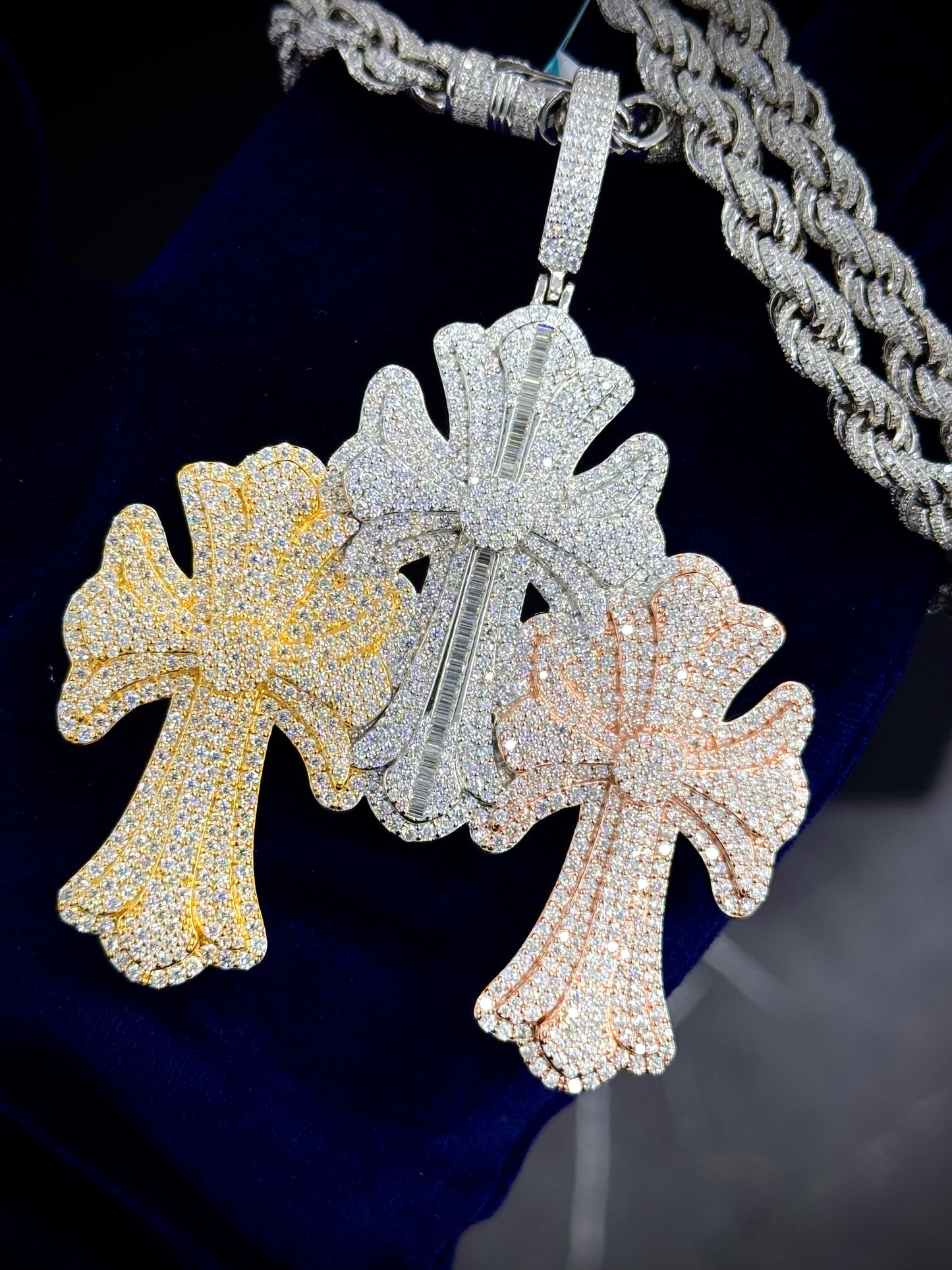 925 Moissanite Triple Cross Tri Color Pendant