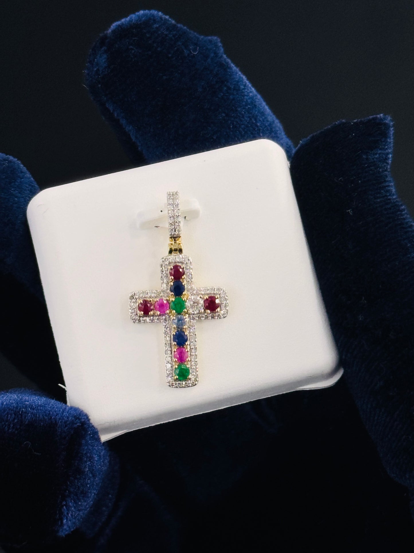 10kt Gold & Diamond Natural Gem Stone Cross Pendant