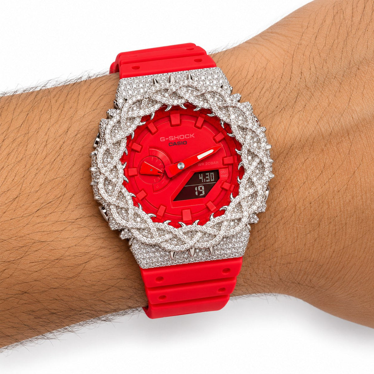 Iced out moissanite G-Shock GA-2100 watch with bright red dial and barbed wire bezel – men's hip hop iced out watch