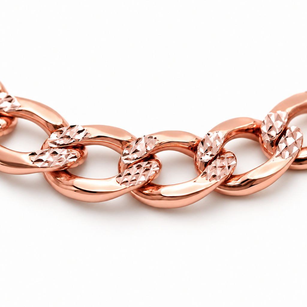 14K Rose Gold Solid Diamond-Cut Cuban Curb Link Bracelet