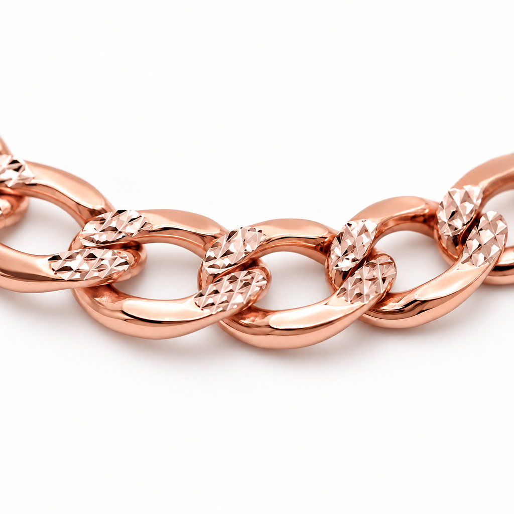 14K Rose Gold Solid Diamond-Cut Cuban Curb Link Chain, close-up of the links