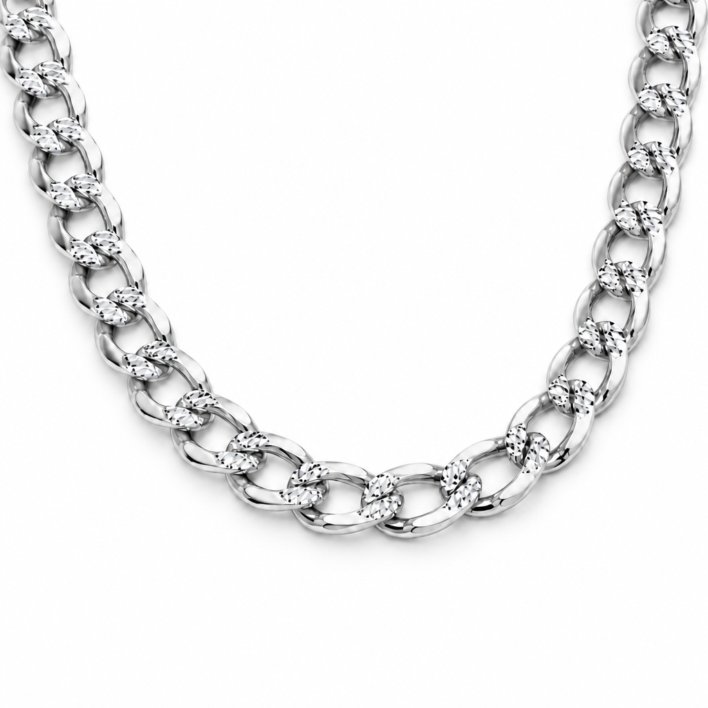 14K White Gold Solid Diamond-Cut Cuban Curb Link Chain