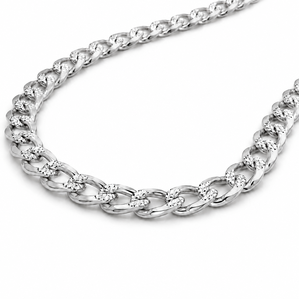 14K White Gold Solid Diamond-Cut Cuban Curb Link Chain, full-length view