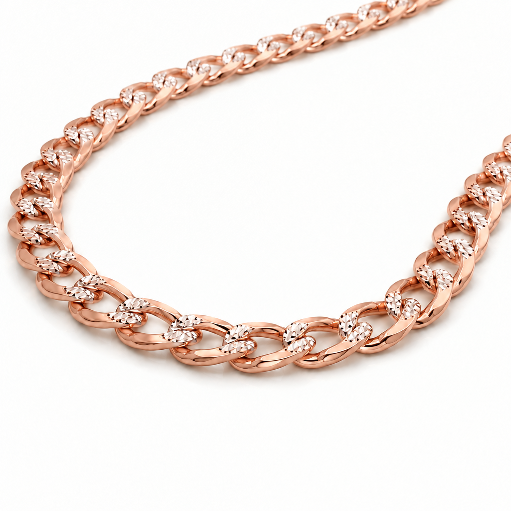 14K Rose Gold Solid Diamond-Cut Cuban Curb Link Chain, detail view