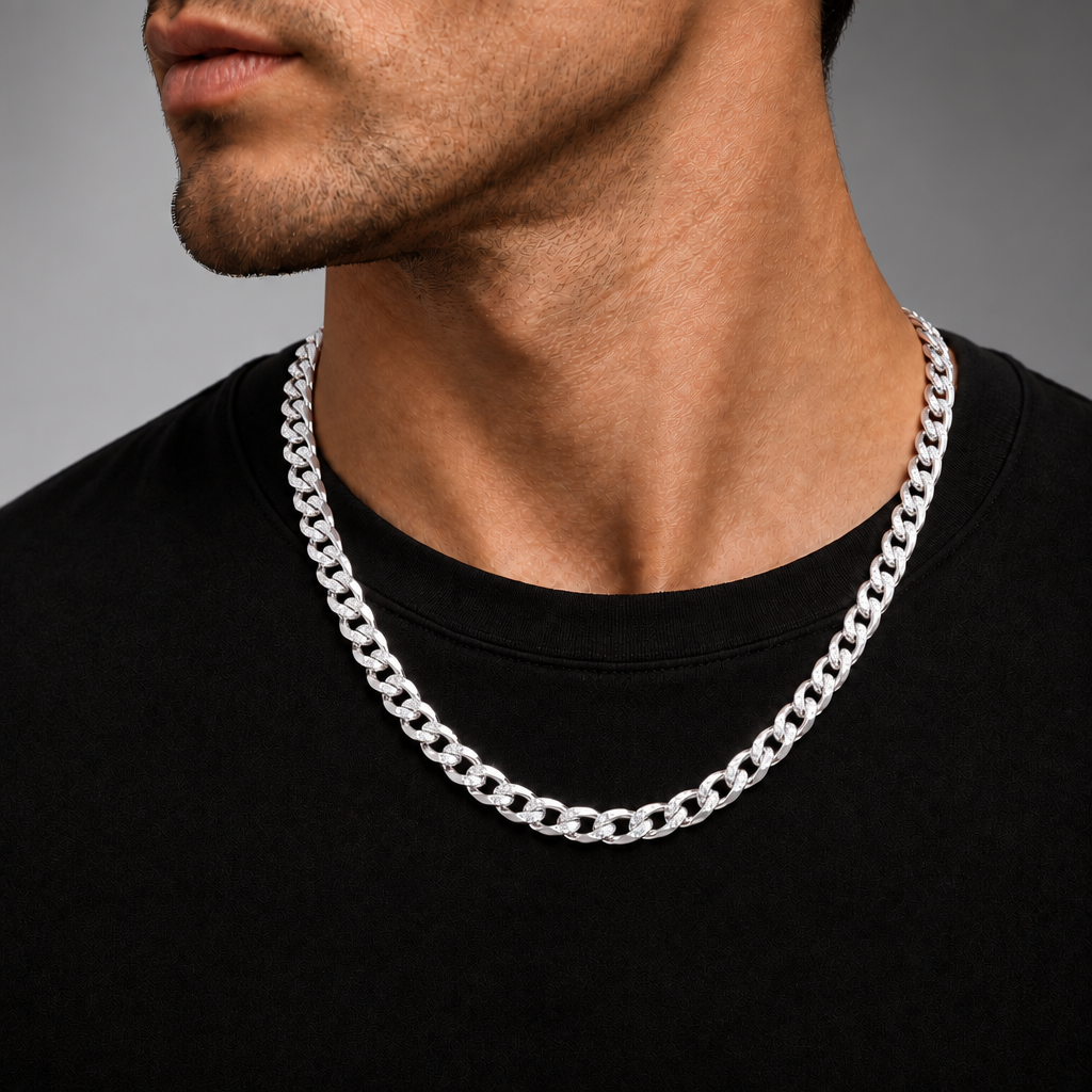 14K White Gold Solid Diamond-Cut Cuban Curb Link Chain, angled view