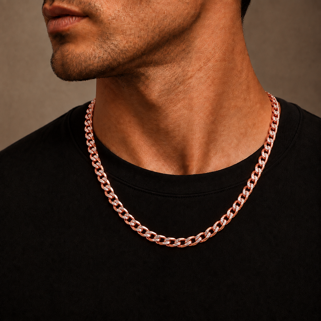 14K Rose Gold Solid Diamond-Cut Cuban Curb Link Chain, angled view