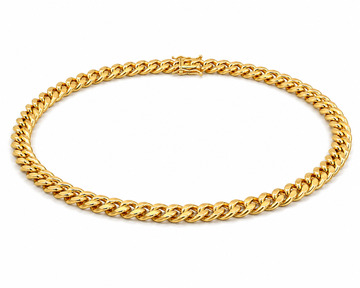 10K yellow gold semi-solid Miami Cuban chain three-quarter view with box lock