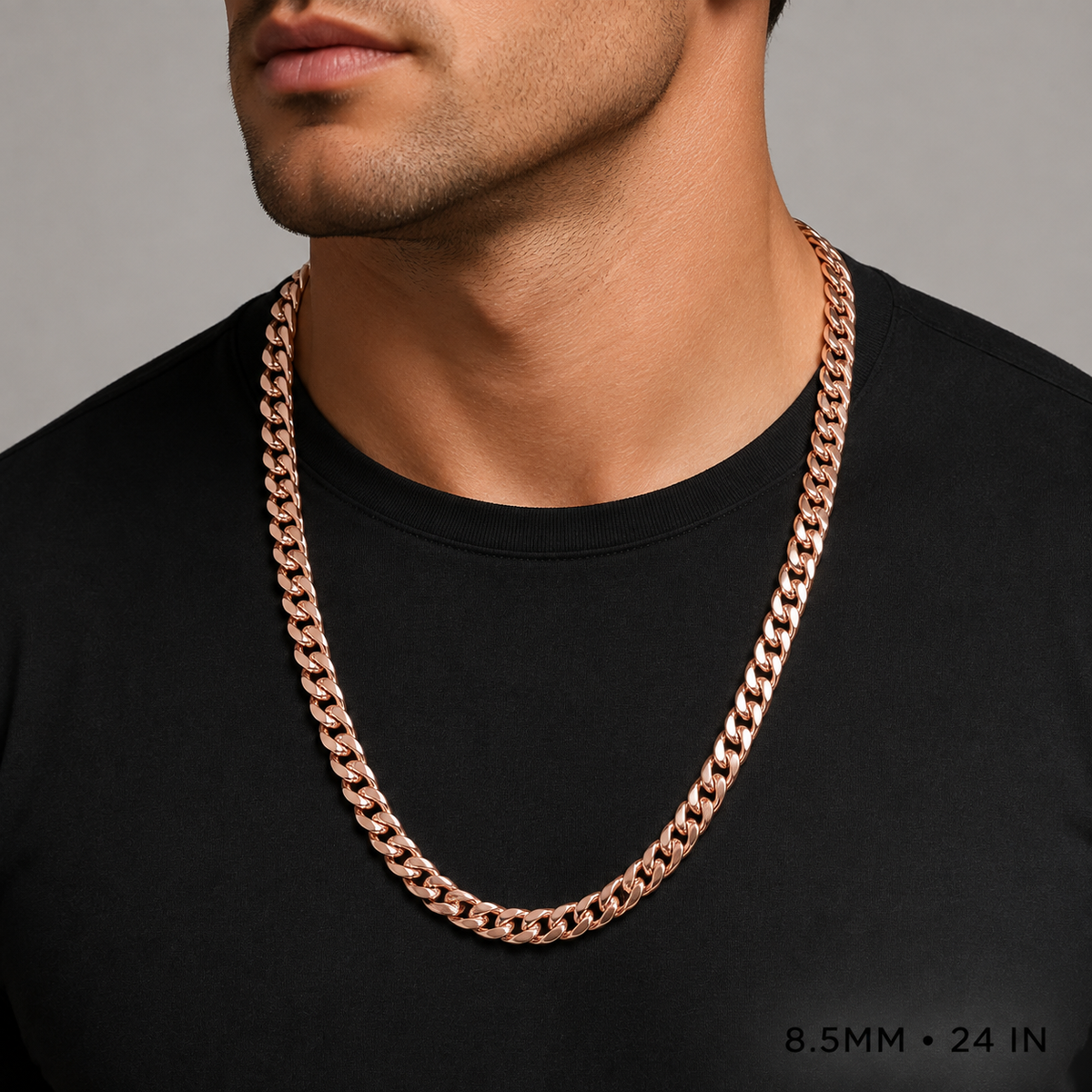10K Rose Gold Semi-Solid Miami Cuban Link Chain, styled view
