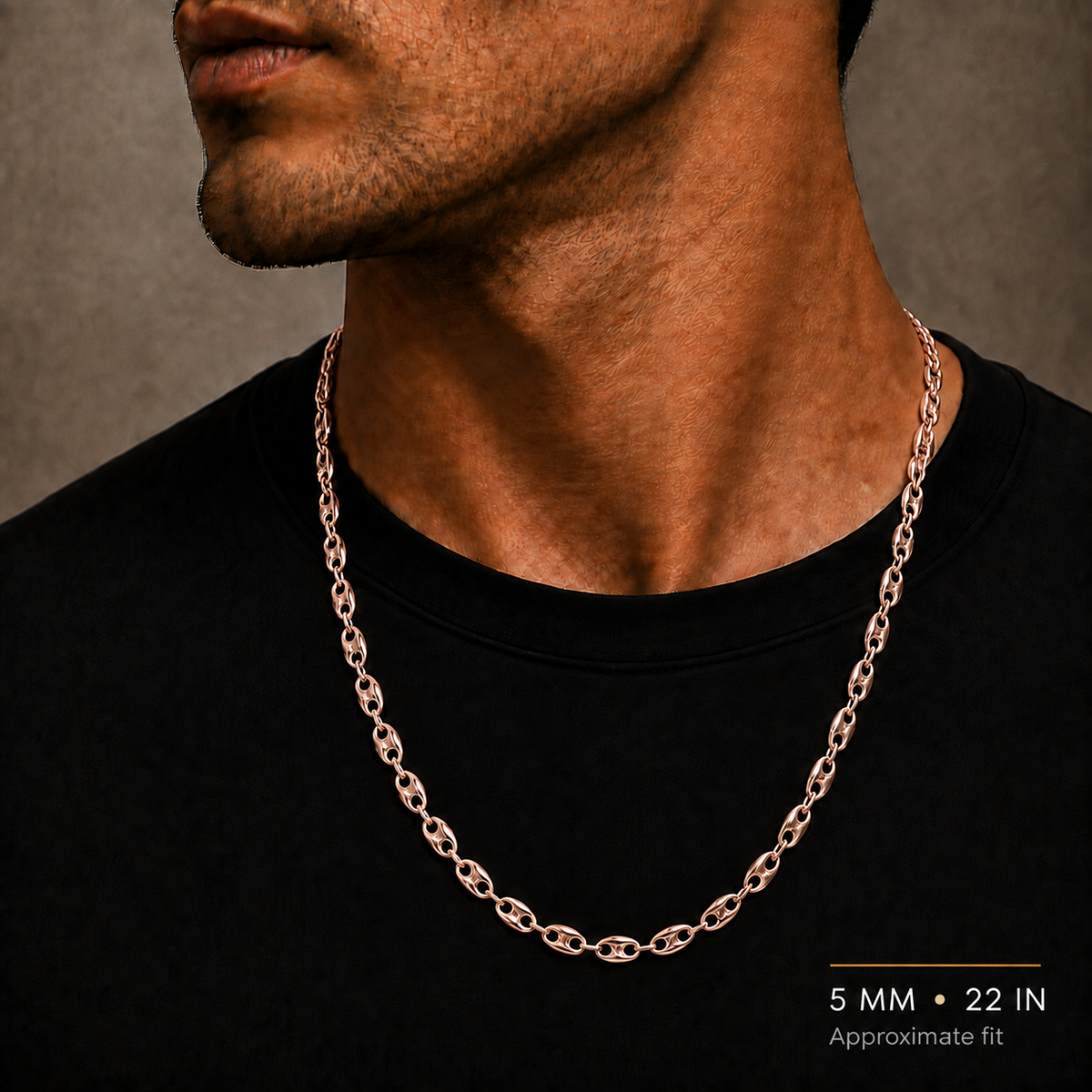 10K Rose Gold Semi-Solid Puff Chain, shown worn on the neck