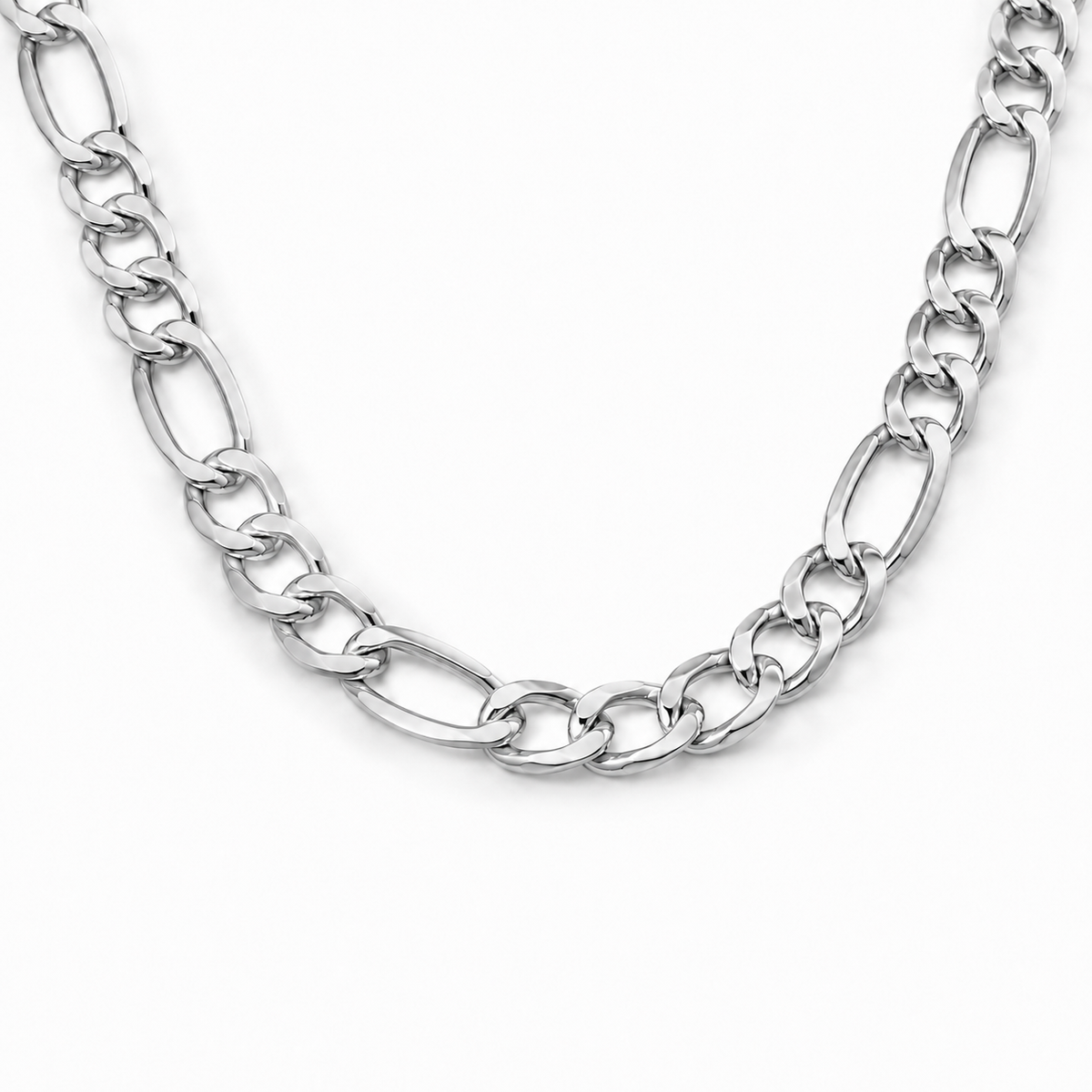 14K White Gold Semi-Solid Figaro Chain, front view