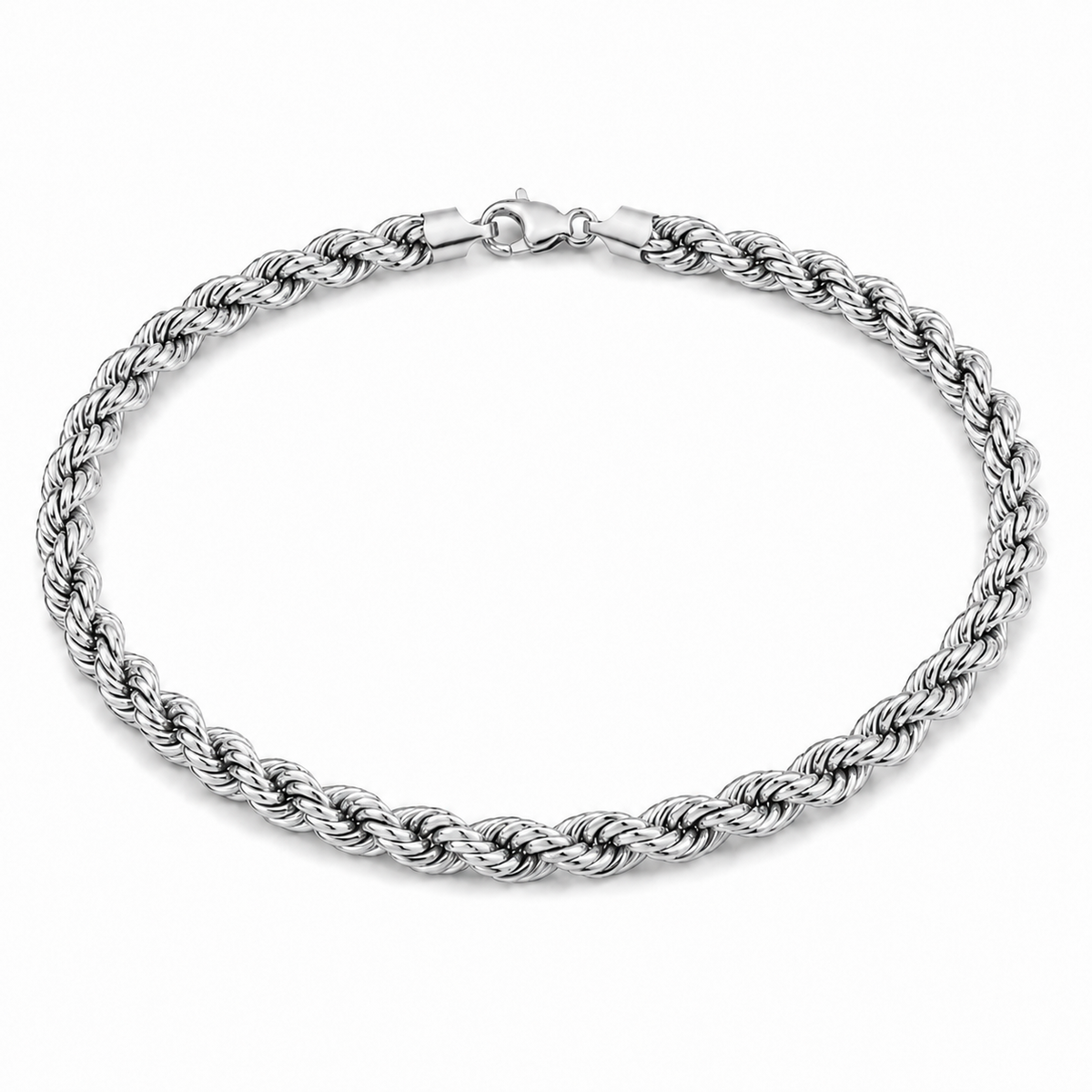 10K white gold semi-solid rope chain product angle with lobster clasp