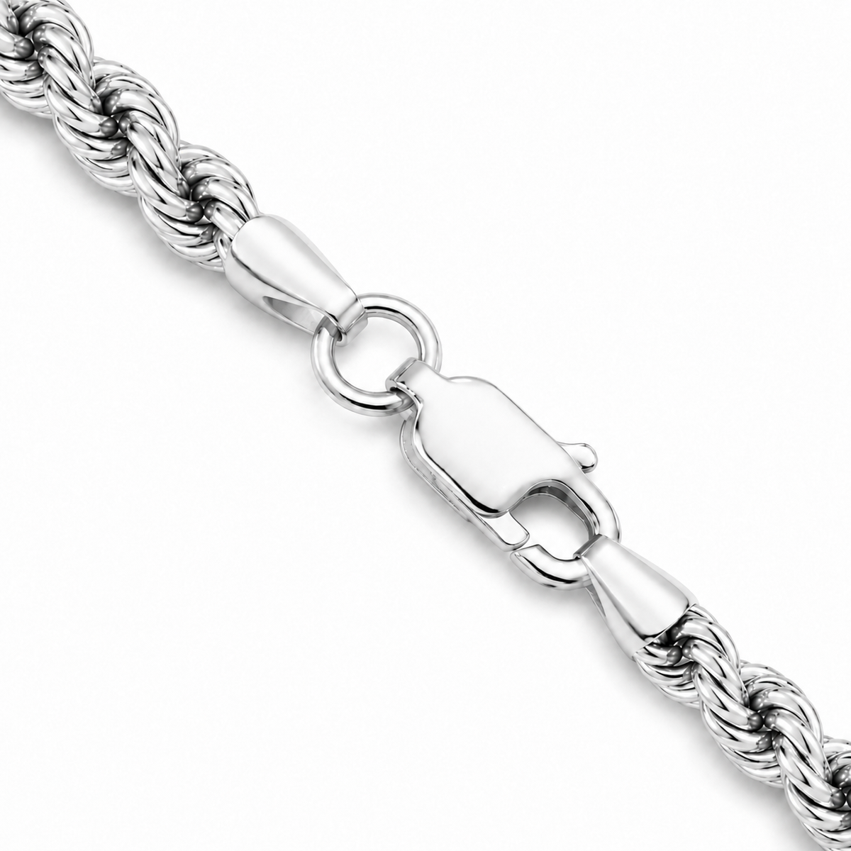10K white gold semi-solid rope chain lobster clasp detail