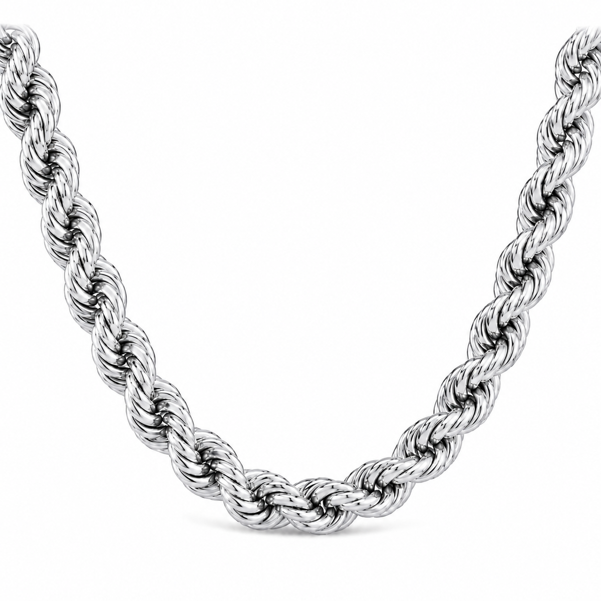 10K White Gold Solid Rope Chain, front view on a white background