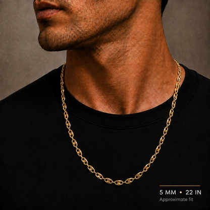 10K Yellow Gold Semi-Solid Puff Chain, shown worn on the neck