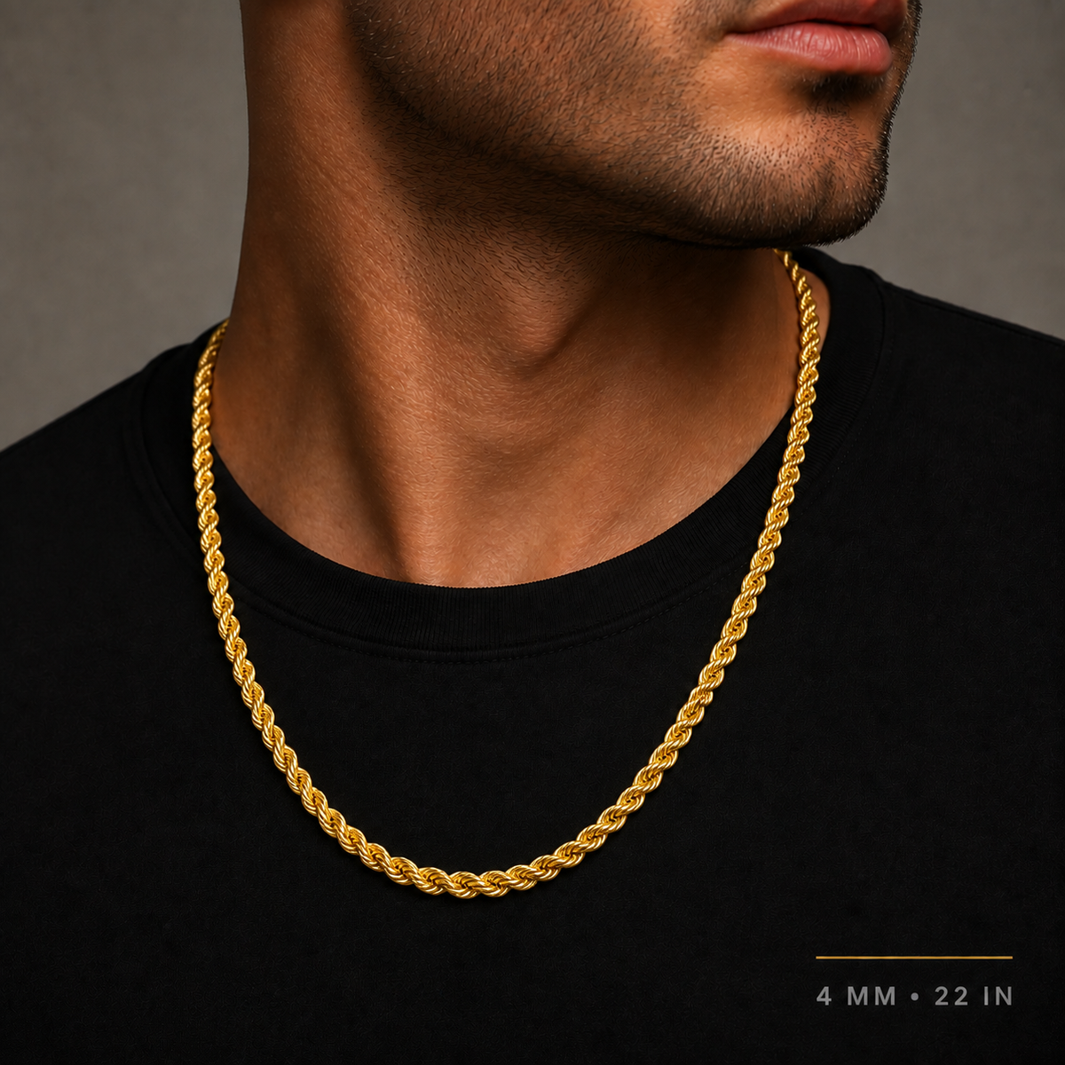 Model wearing 4 mm 22 inch 10K yellow gold semi-solid rope chain