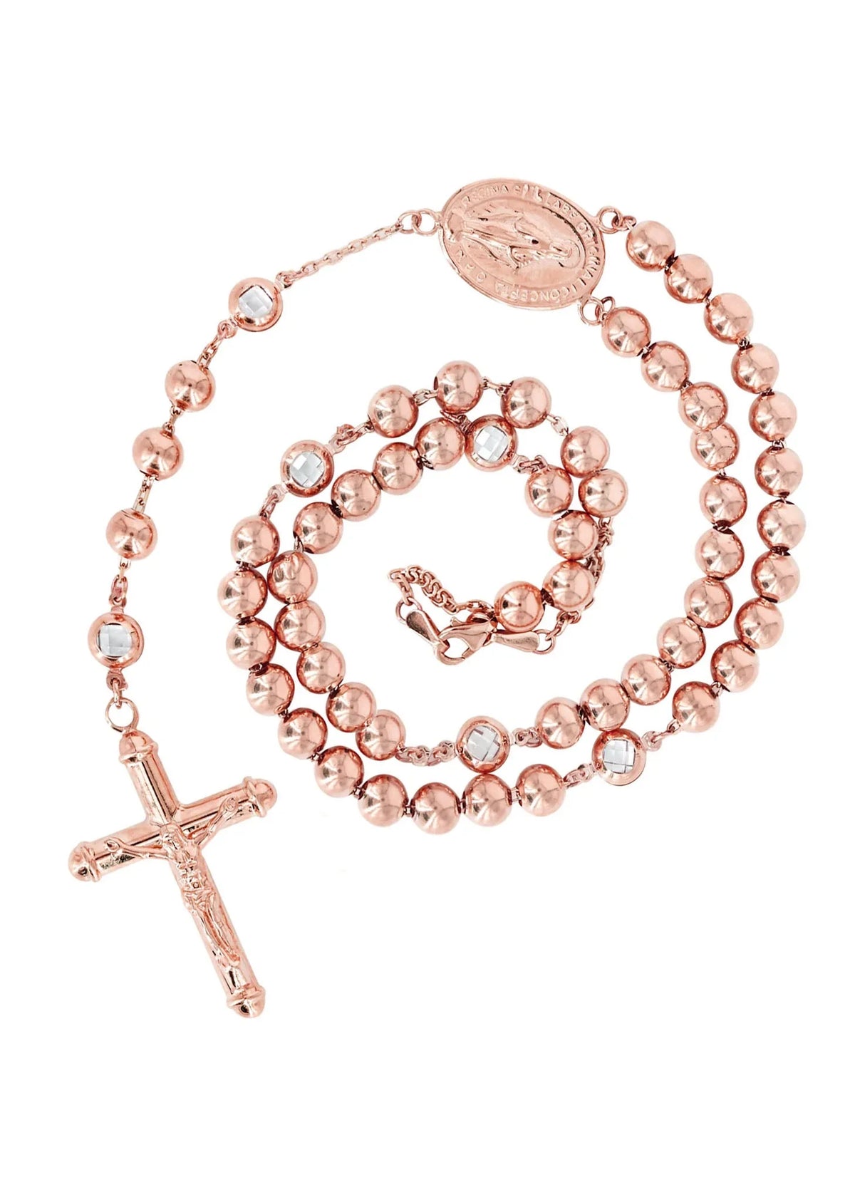 14K Yellow & Rose Gold Rosary Chain, front view on a white background