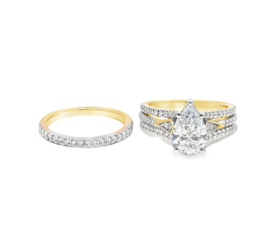 Two diamond rings, one gold and one with a pear-shaped center stone, on a white background.