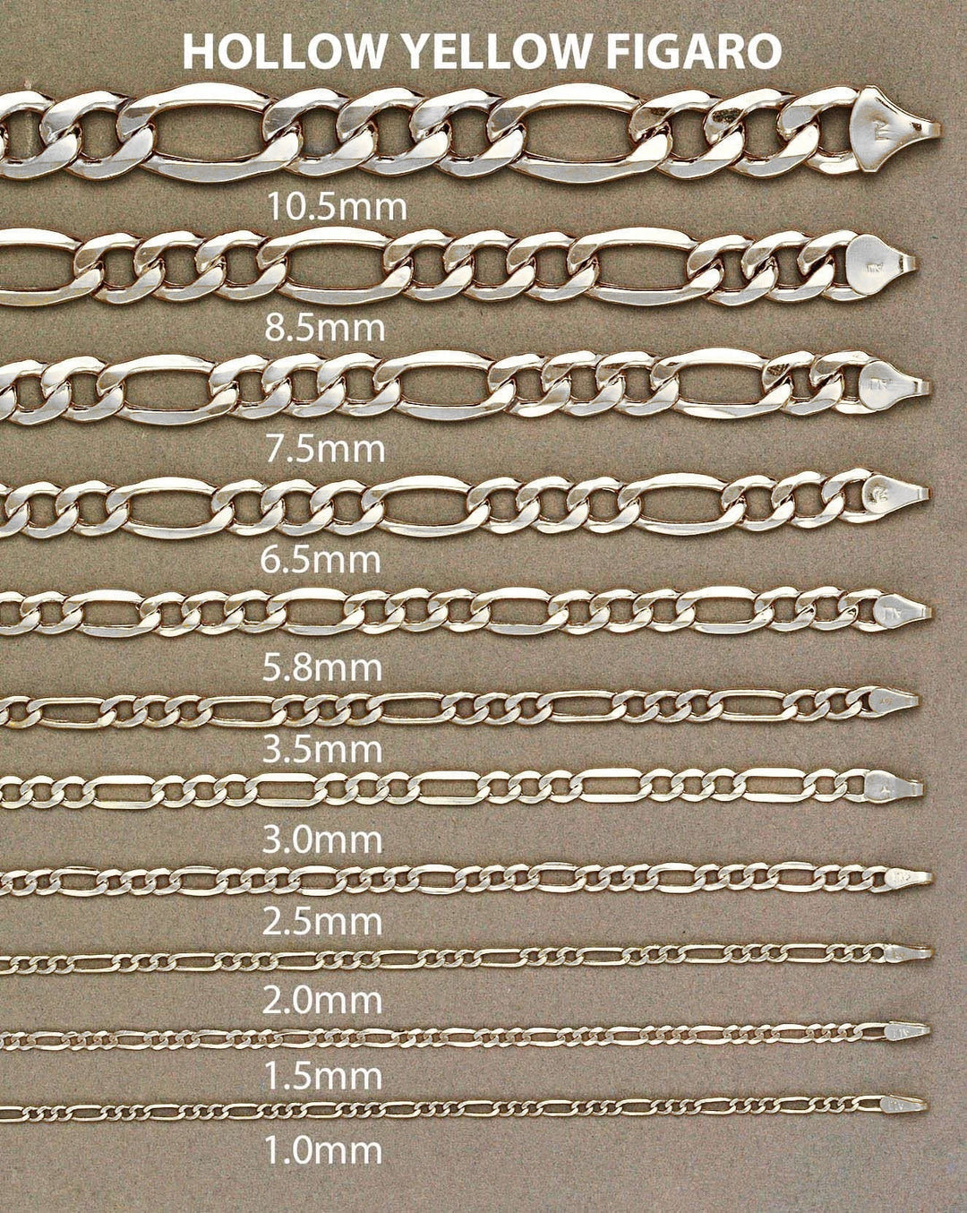 10K Yellow Gold Semi-Solid Figaro Chain, styled shot