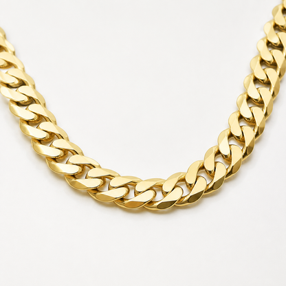 Real gold Miami Cuban link chain, three-quarter angle view