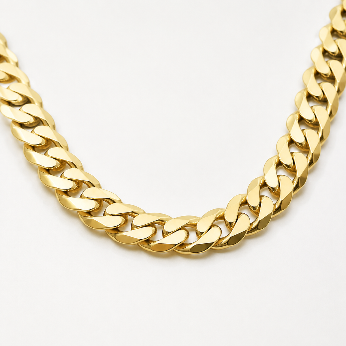 Real gold Miami Cuban link chain, three-quarter angle view