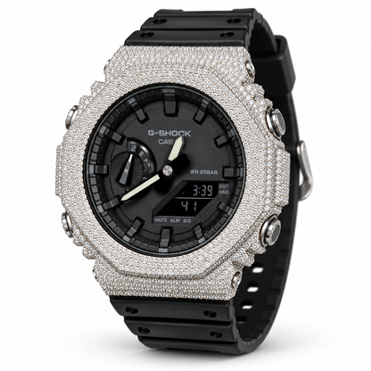 Custom iced out G-Shock GA-2100 CasiOak black dial angled view