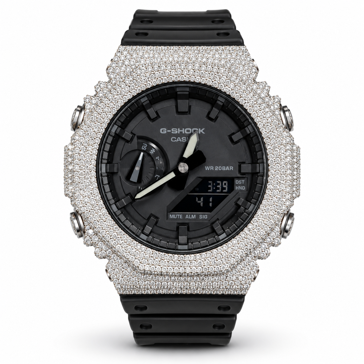 Iced out moissanite G-Shock GA-2100 black dial black band front view