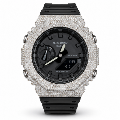 Iced out moissanite G-Shock GA-2100 black dial black band front view