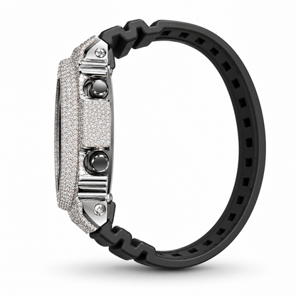 Iced out G-Shock GA-2100 black resin band side profile with moissanite case