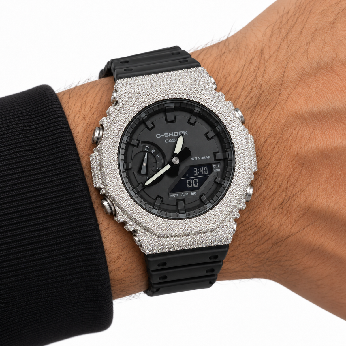 Iced out moissanite G-Shock GA-2100 black dial black band worn on wrist