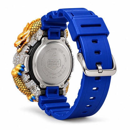 Iced out moissanite G-Shock DW-6900 watch with dragon bezel and blue band – men's hip hop iced out watch