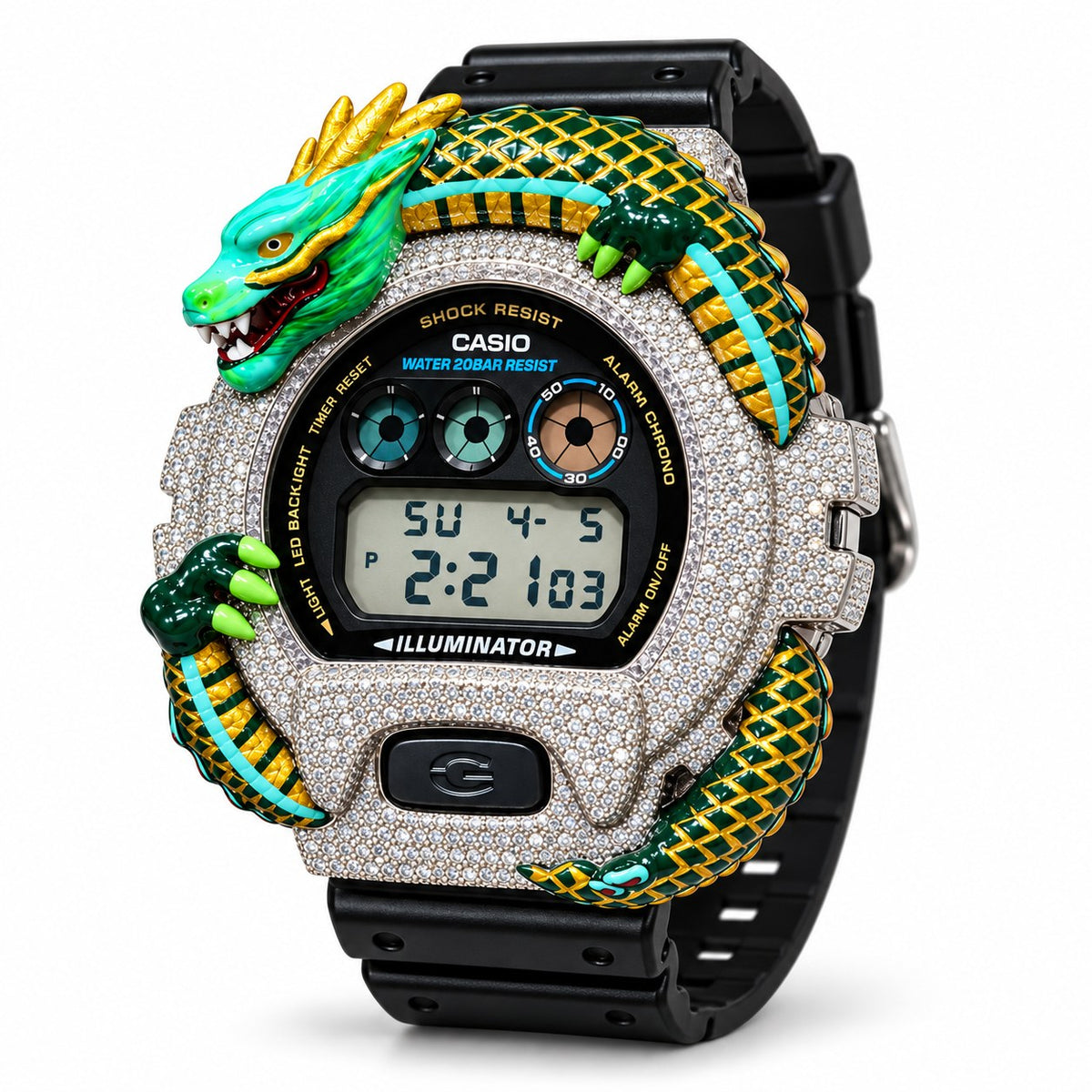 Iced out moissanite G-Shock DW-6900 watch with green dragon bezel and black band – front view