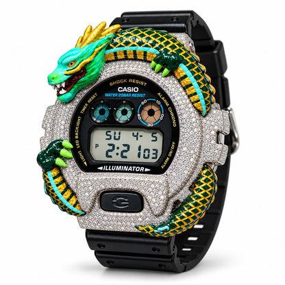 Iced out moissanite G-Shock DW-6900 watch with green dragon bezel and black band – front view