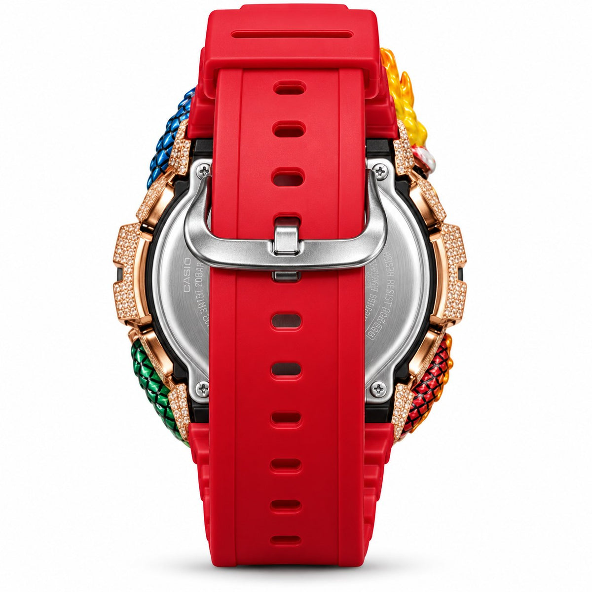Iced out moissanite G-Shock DW-6900 watch with rainbow dragon bezel and red band – fully iced moissanite case