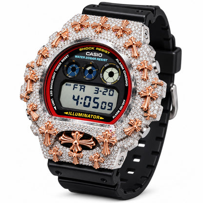 Iced out moissanite G-Shock DW-6900 watch with rose cross bezel and black band – custom bust down G-Shock 6900
