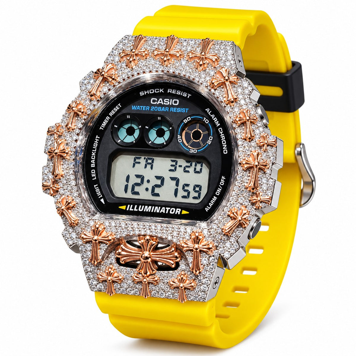 Iced out moissanite G-Shock DW-6900 watch with rose cross bezel and yellow band – custom bust down G-Shock 6900