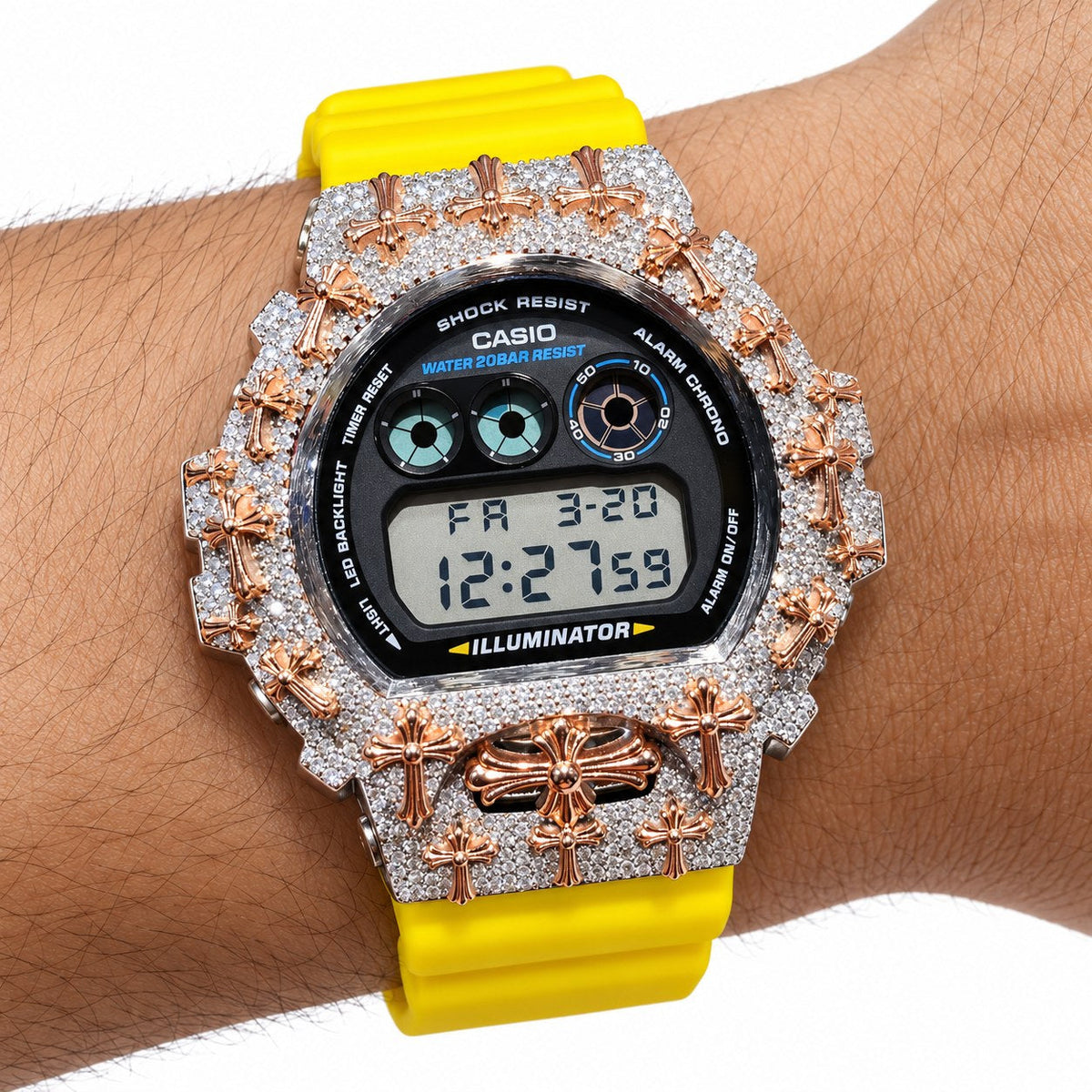 Iced out moissanite G-Shock DW-6900 watch with rose cross bezel and yellow band – men's hip hop iced out watch