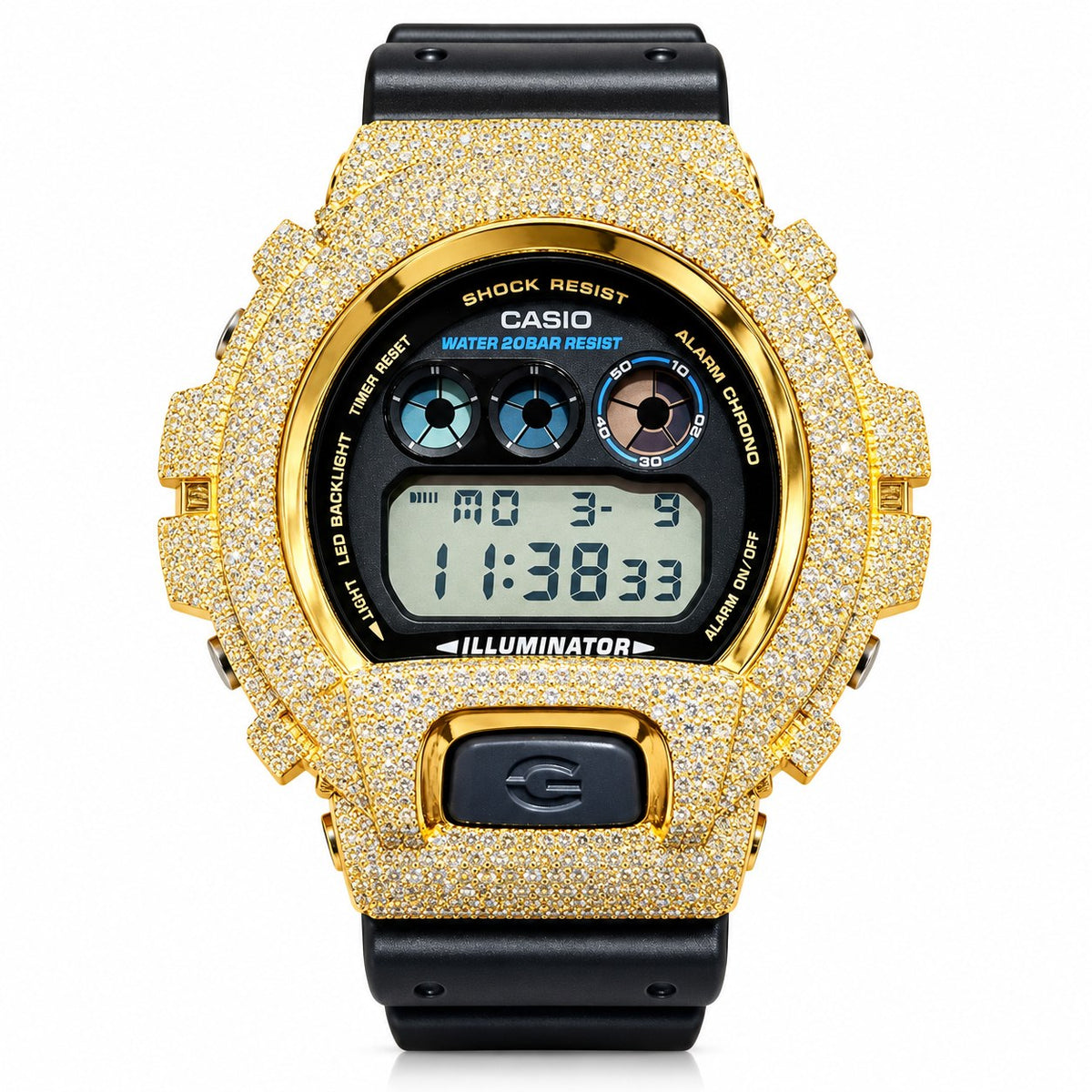 Iced out moissanite G-Shock DW-6900 watch with yellow iced case and black band – custom bust down G-Shock 6900