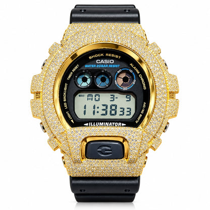Iced out moissanite G-Shock DW-6900 watch with yellow iced case and black band – custom bust down G-Shock 6900