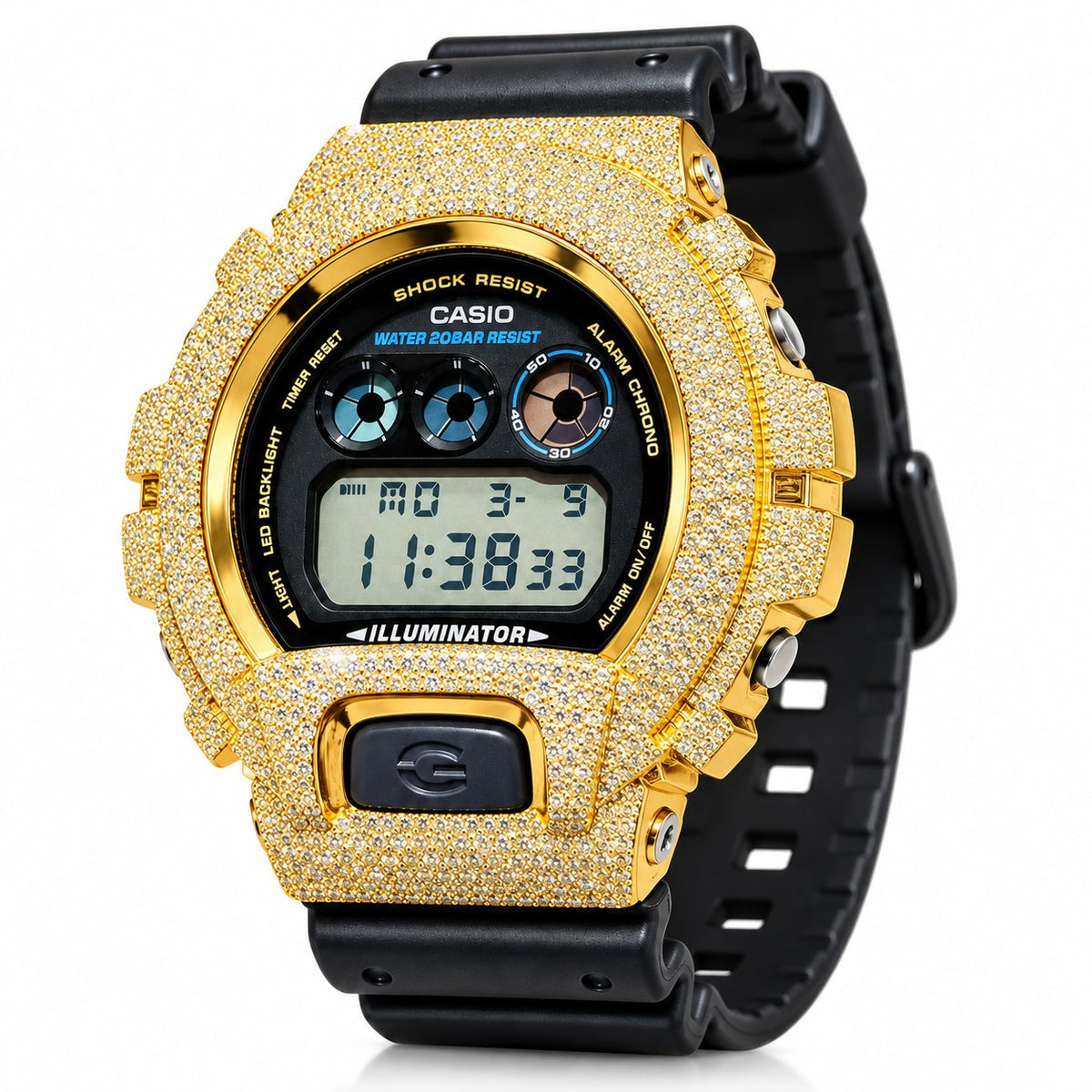 Iced out moissanite G-Shock DW-6900 watch with yellow iced case and black band – fully iced moissanite case