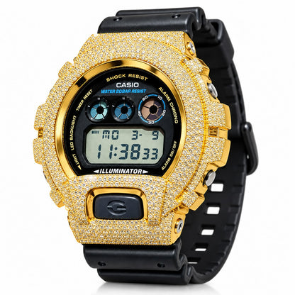 Iced out moissanite G-Shock DW-6900 watch with yellow iced case and black band – fully iced moissanite case