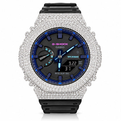 Iced out moissanite G-Shock GA-2100 watch with black band and blue dial – front view