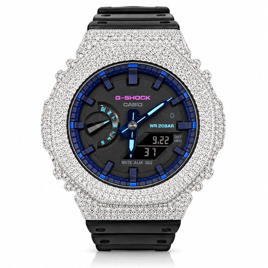 Iced out moissanite G-Shock GA-2100 watch with black band and blue dial – front view