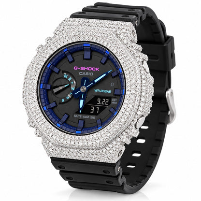 Iced out moissanite G-Shock GA-2100 watch with black band and blue dial – custom bust down CasiOak
