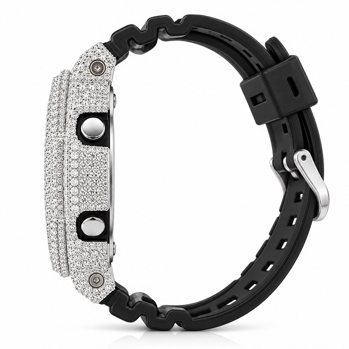 Iced out moissanite G-Shock GA-2100 watch with black band and blue dial – fully iced moissanite case and bezel