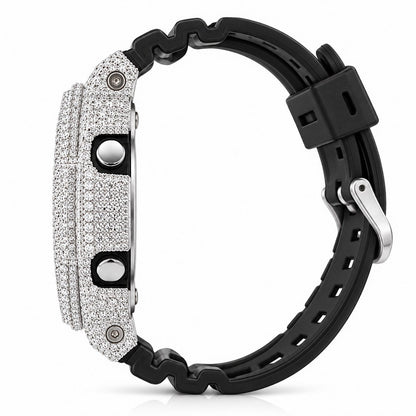 Iced out moissanite G-Shock GA-2100 watch with black band and blue dial – fully iced moissanite case and bezel