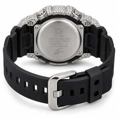 Iced out moissanite G-Shock GA-2100 watch with black band and blue dial – men's hip hop iced out watch