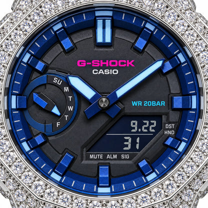 Iced out moissanite G-Shock GA-2100 watch with black band and blue dial – moissanite bust down watch